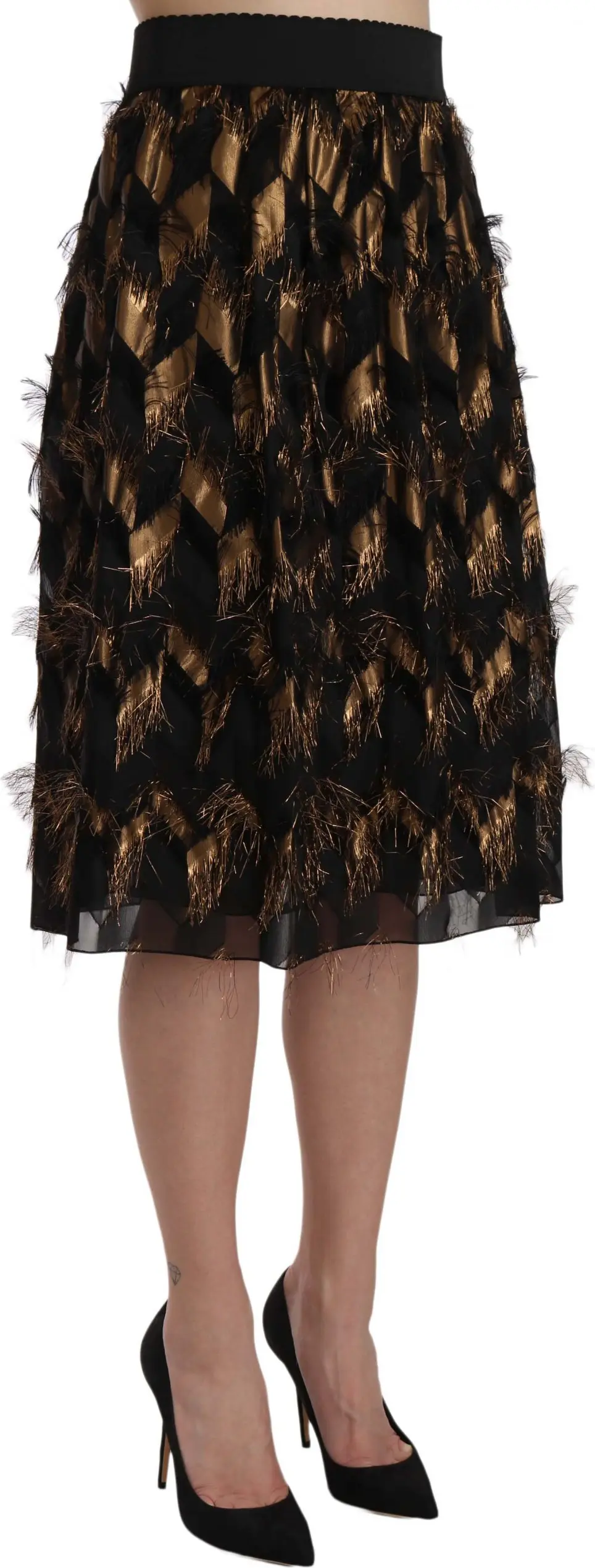 Skirt Dolce & Gabbana Black Gold Fringe Metallic Pencil