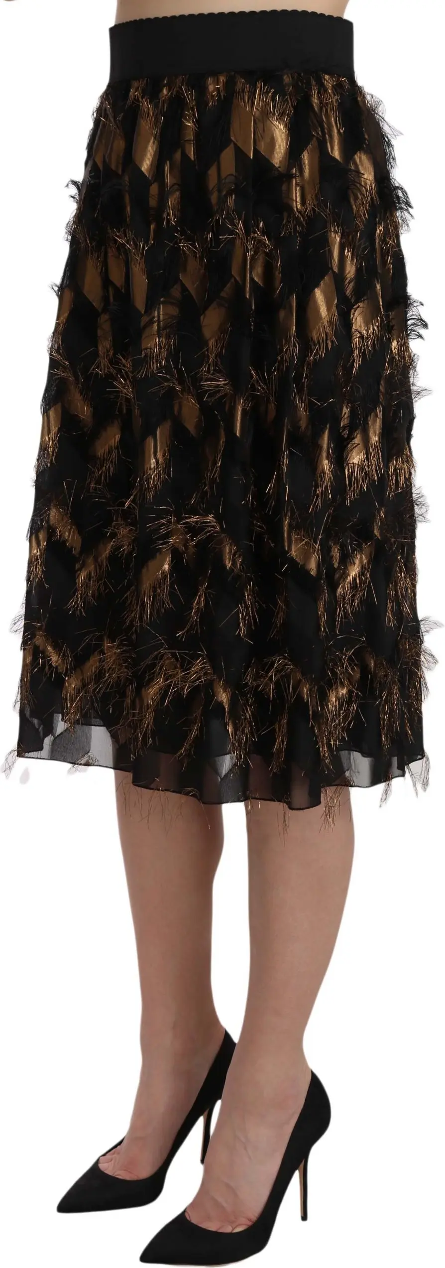 Skirt Dolce & Gabbana Black Gold Fringe Metallic Pencil