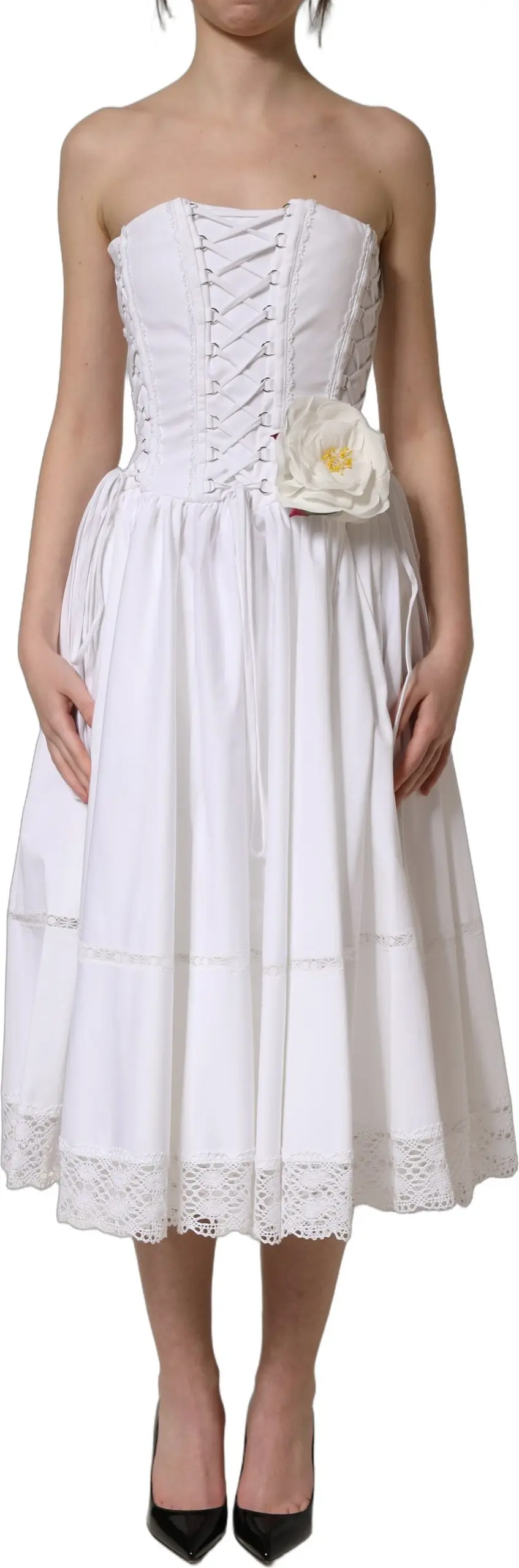 Dress Dolce & Gabbana White Cotton Gabardine Bustier Midi Dress