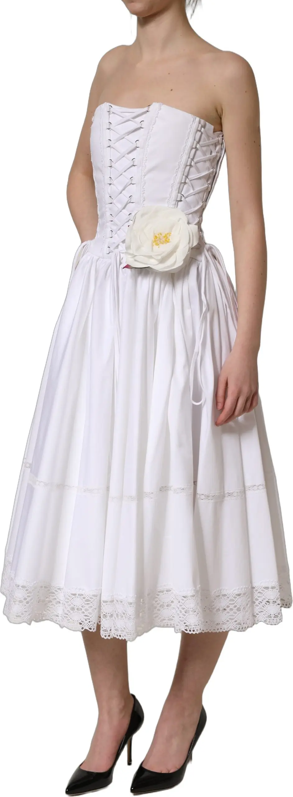 Dress Dolce & Gabbana White Cotton Gabardine Bustier Midi Dress