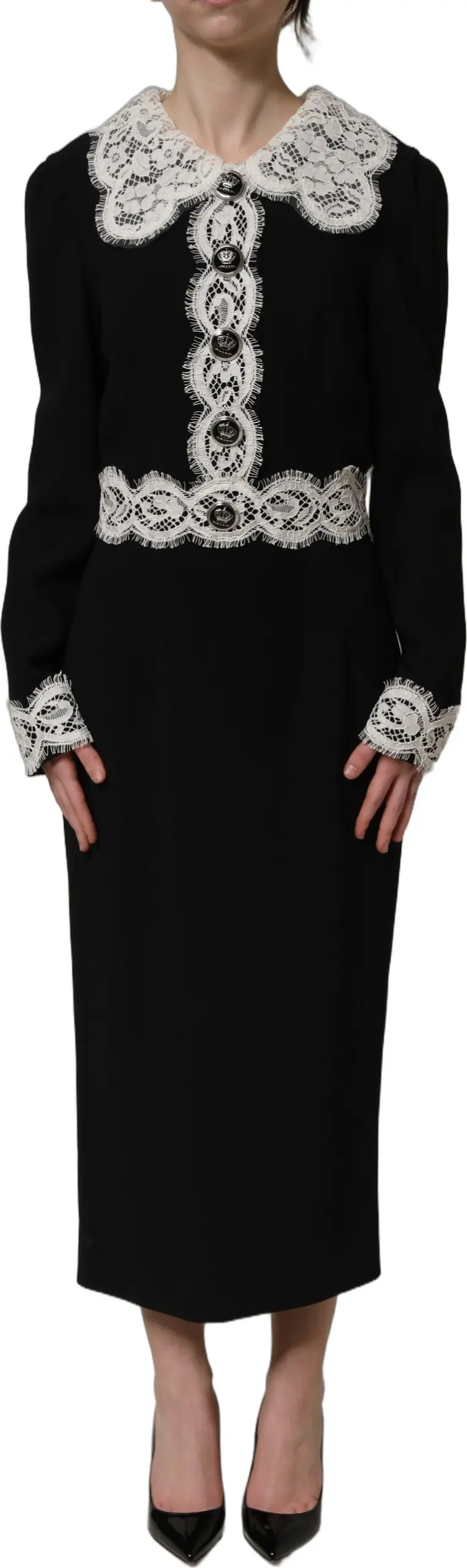 Black Lace Detailing Long Sleeves Midi Dress Dolce & Gabbana