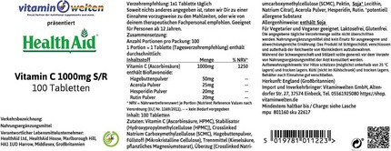 Health Aid טבליות ויטמין C 1000 מ"ג S/R טבעוני